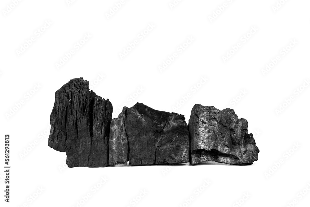 Close up pile of coals or black charcoal stack isolate on white background Close up pile of coals or black charcoal stack isolate on white background