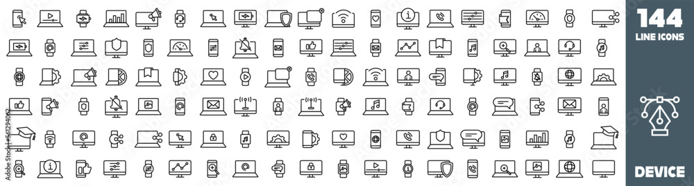 Device Icons Pack. Electronics icons. Paper work icons. Thin line icons set. Flat icon collection set. Simple vector icons
