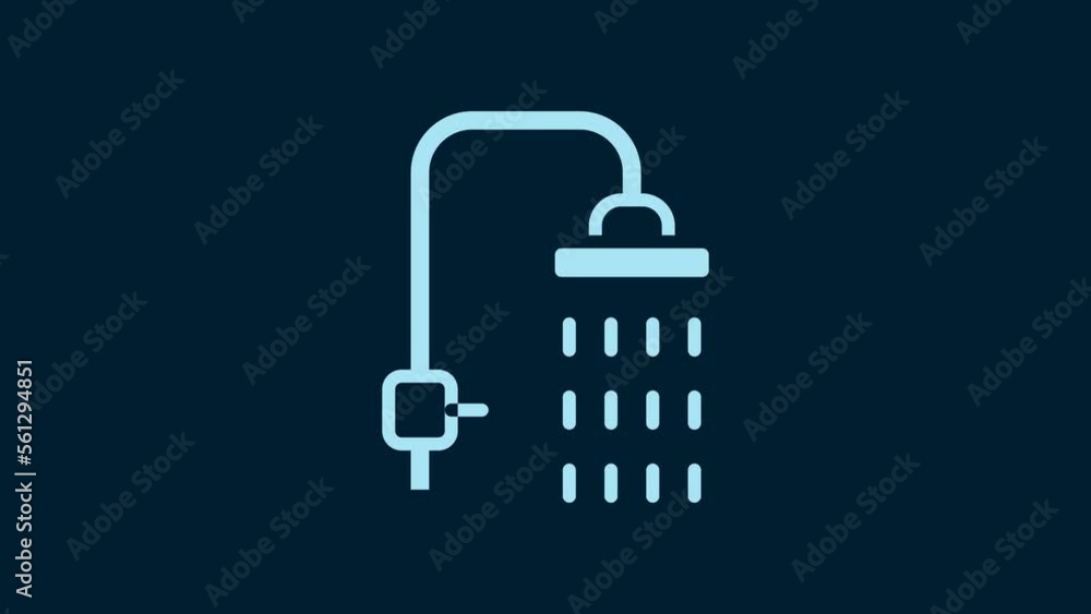White Shower head with water drops flowing icon isolated on blue background. 4K Video motion graphic animation White Shower head with water drops flowing icon isolated on blue background. 4K Video motion graphic animation