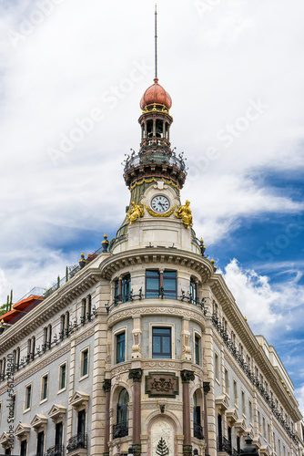 Detail of the top of the building where the Four Season Hotel resides