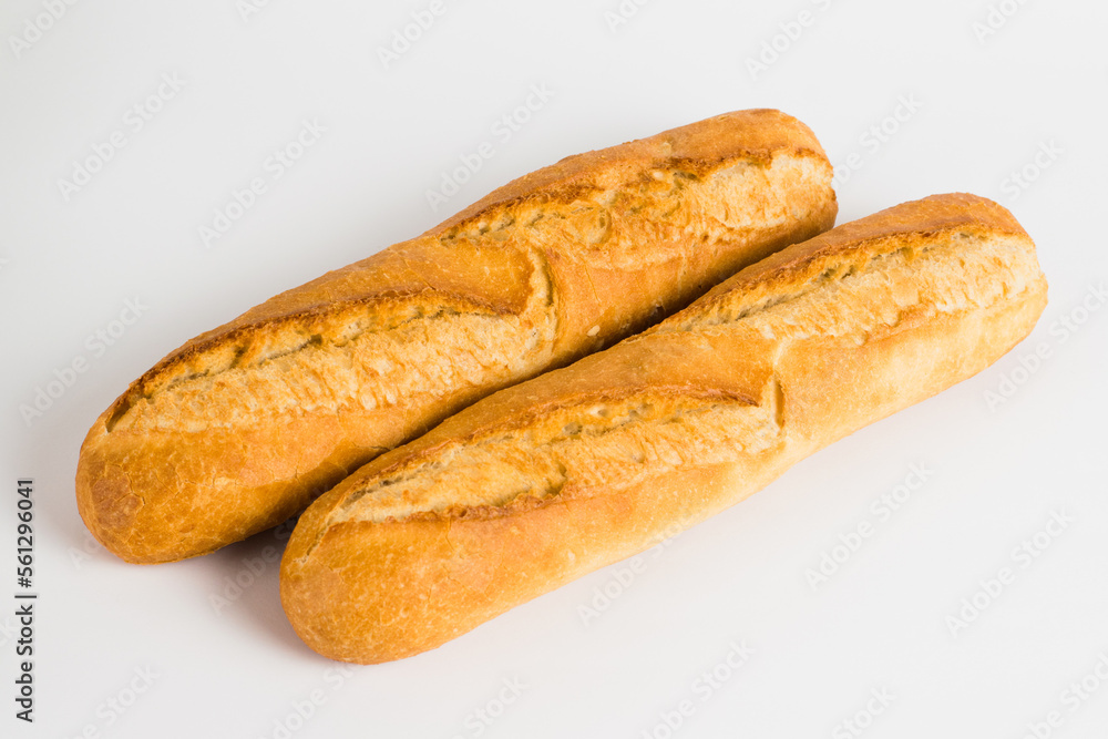 French baguettes on a white background with copy space