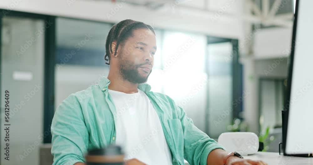 Black man, business and tired or headache while working on a computer at office with stress, depression and burnout. Mental health of male employee with fatigue, pain or frustrated with problem Black man, business and tired or headache while working on a computer at office with stress, depression and burnout. Mental health of male employee with fatigue, pain or frustrated with problem