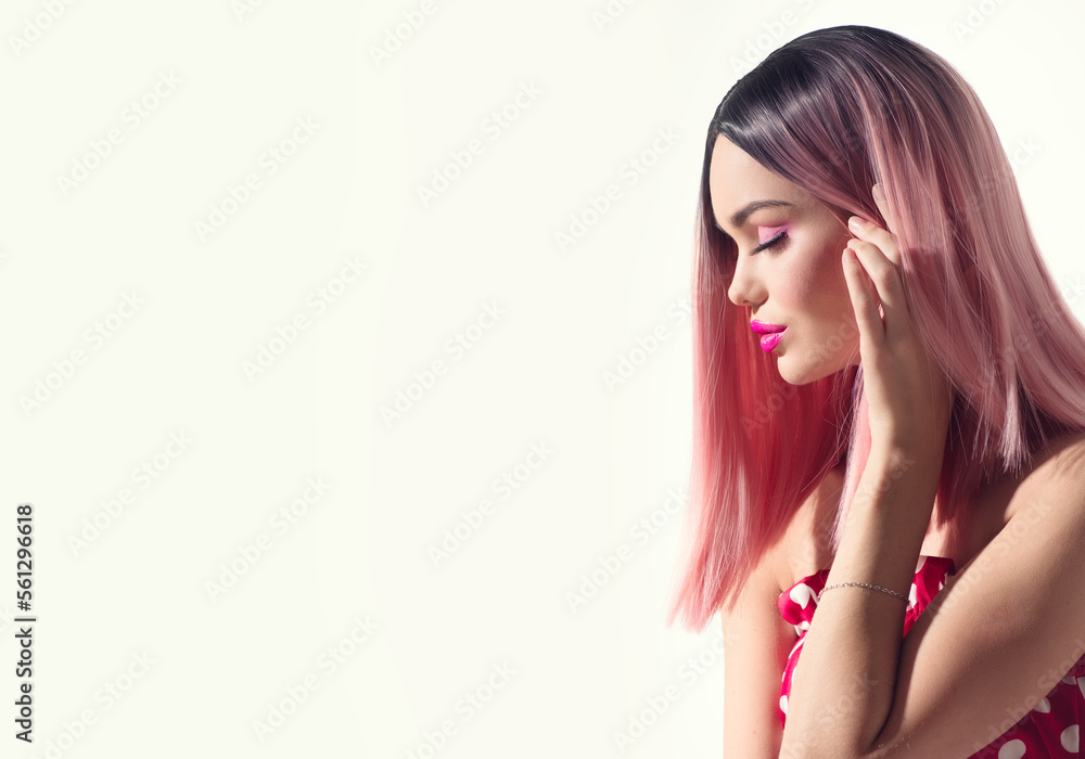 Trendy fashion hairstyle, bob haircut, ombre pink with grey dyed hair. Beauty Model girl with perfect healthy hair and beautiful makeup posing, young woman portrait border design. Trendy fashion hairstyle, bob haircut, ombre pink with grey dyed hair. Beauty Model girl with perfect healthy hair and beautiful makeup posing, young woman portrait border design.