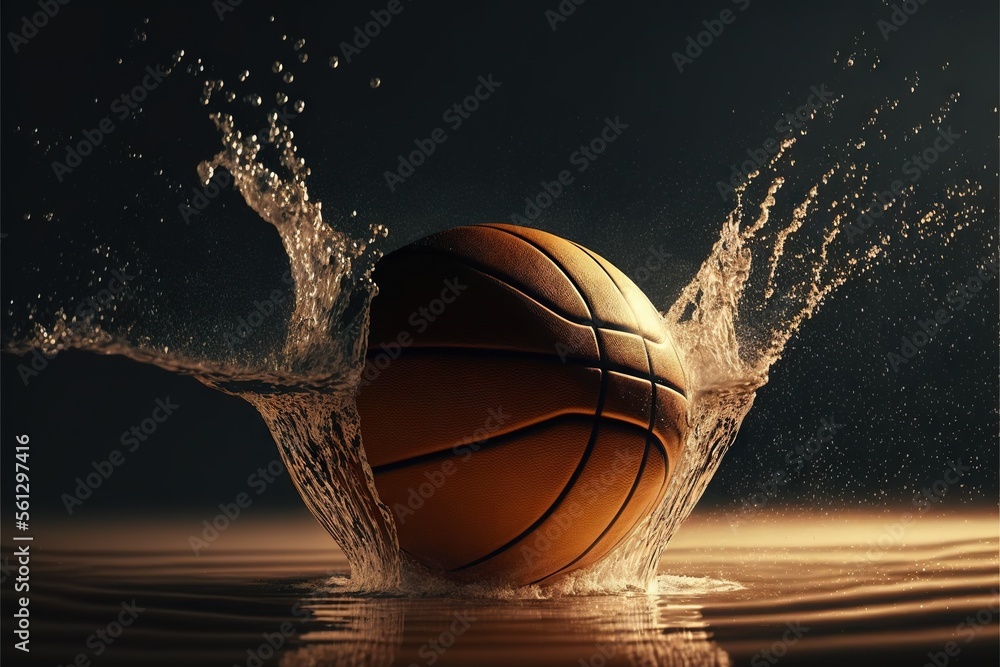 a basketball is splashing in the water with its reflection on the ...
