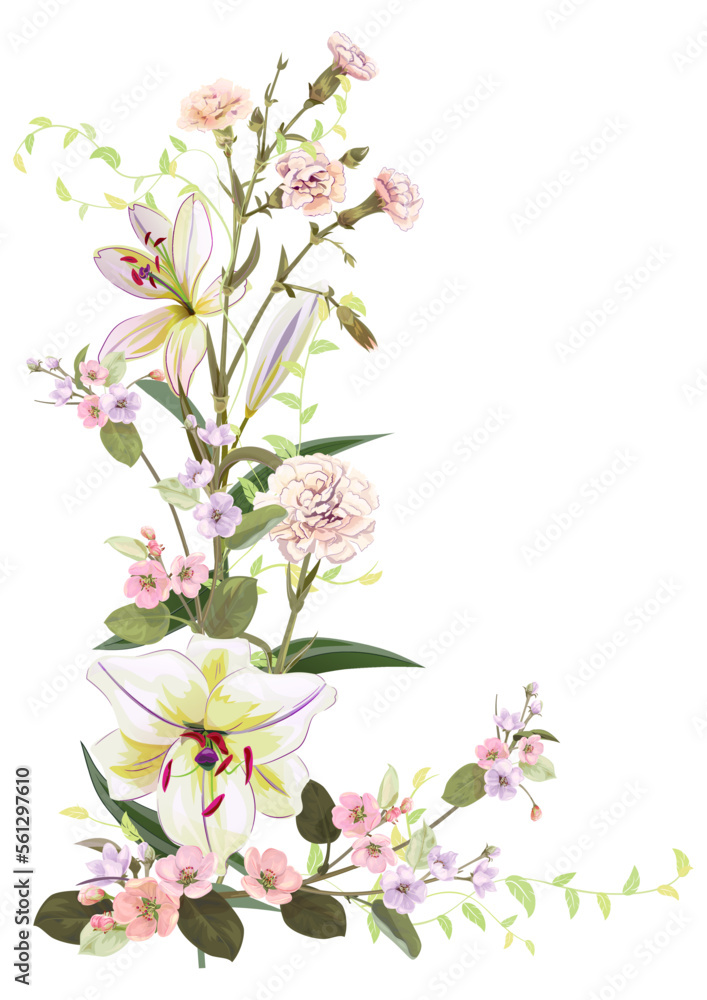 Angled frame with lilies, carnation and spring blossom. Template for Mothers Day or wedding invitation. Gentle realistic illustration in watercolor style on white background. A3, vintage, vector