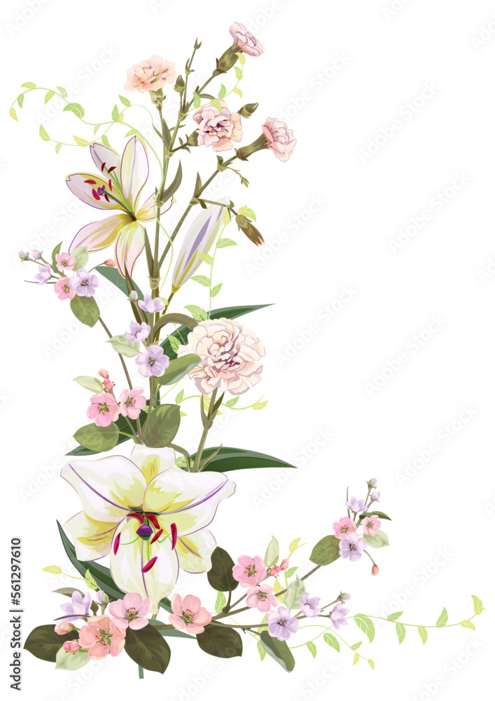 Angled frame with lilies, carnation and spring blossom. Template for Mothers Day or wedding invitation. Gentle realistic illustration in watercolor style on white background. A3, vintage, vector Angled frame with lilies, carnation and spring blossom. Template for Mothers Day or wedding invitation. Gentle realistic illustration in watercolor style on white background. A3, vintage, vector