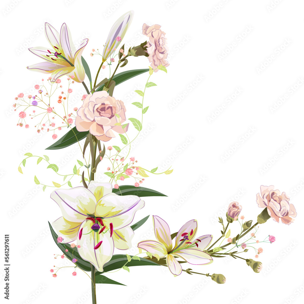 Angled frame with lilies, carnation and spring blossom. Template for Mothers Day or wedding invitation. Gentle realistic illustration in watercolor style on white background. A3, vintage, vector