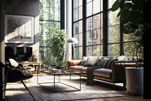 Apartment interior. Modern design living room with furniture  glass windows. AI generative 