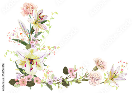 Angled frame with lilies, carnation and spring blossom. Template for Mothers ...