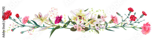 Panoramic view: bouquet of carnation, lilies, spring blossom. Horizontal border: bright flowers, buds, leaves on white background. Realistic digital illustration in watercolor style, vintage, vector