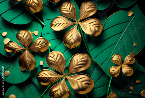 Background with shamrocks. St. Patrick's day holiday symbol. Generative Ai Art. Golden elements.