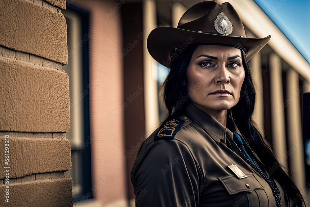 Native American detective woman portrait, police station background, copyspace. Fictitious badge. Generative AI