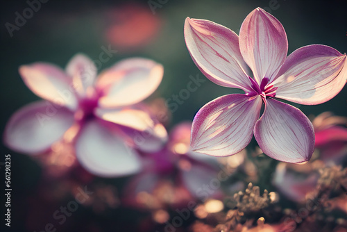 Closeup of two blooming pink flowers growing nature