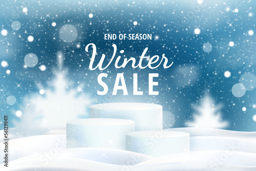 Winter snow product podium, falling snowflakes. 3d empty cosmetic stage or platform, new year sale, Christmas holiday discount banner with ice stand. Vector background realistic template