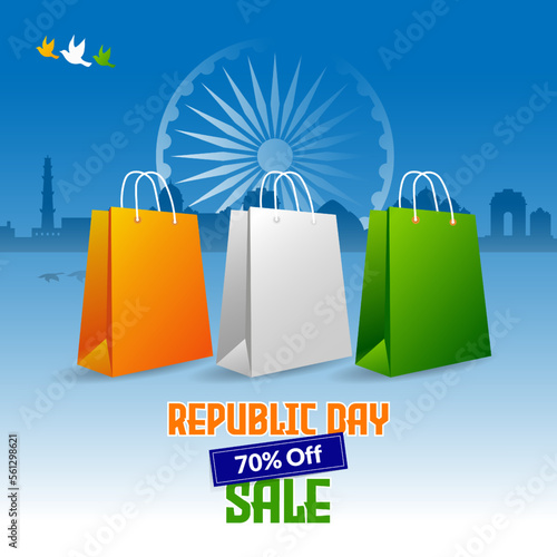 26th January Happy Republic Day sale banner with tricolor shopping bags.