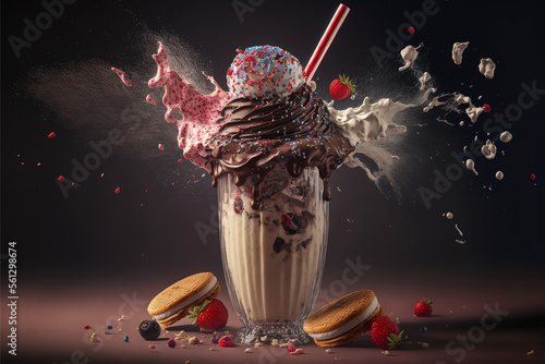 Sugary Dream  Delicious 3D Rendered Chocolate Cookies Ice Cream Milkshake Cocktail Splash in a Glass for Advertising