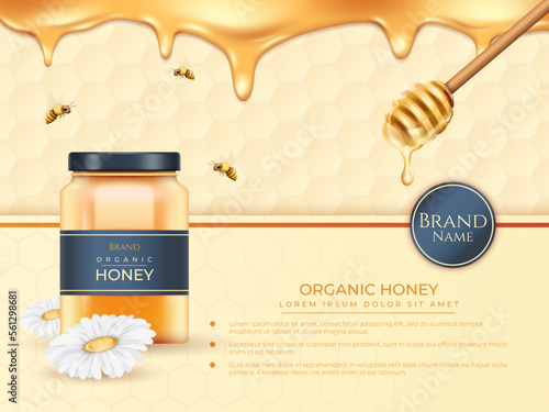 Honey jar, bee honeycomb banner. 3d product packaging ad, bottle blank label, pure organic food. Natural dessert advertising poster. Liquid smudges background. Vector realistic design