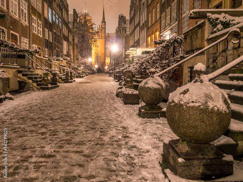 Mariacka street at night, in winter, Danzig, Poland