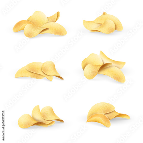 Potato chips. Snack pile. Fast food. 3D dish. Crisps slices. Meal advertising. Fat unhealthy appetizer. Fried and spicy cuts. Roasted vegetable pieces set. Vector realistic illustration
