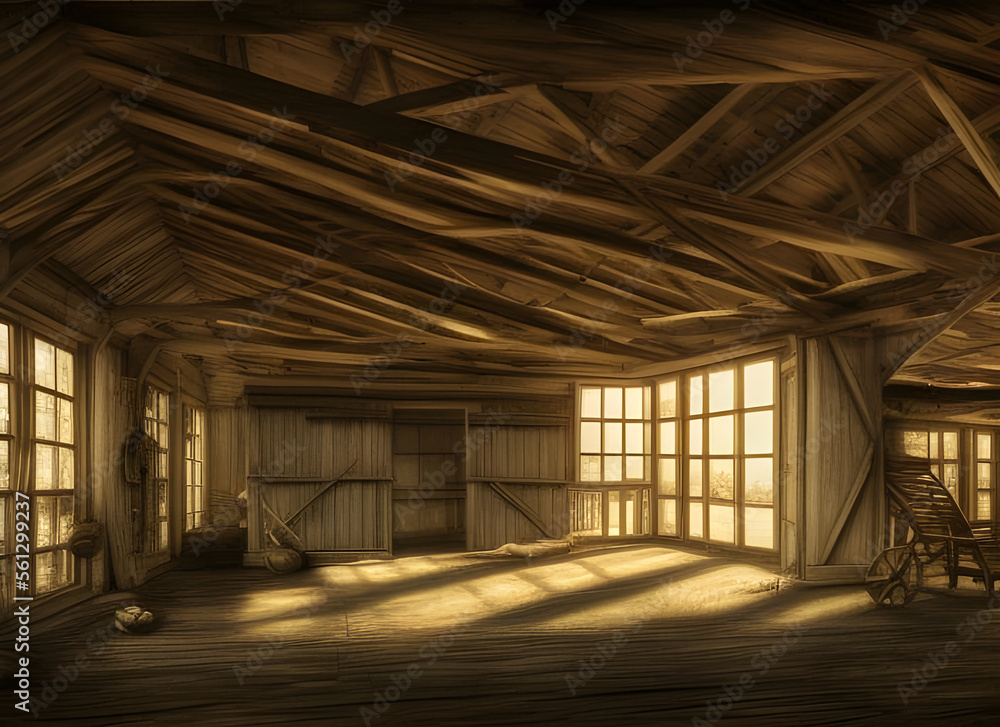 The interior of an old wooden rural barn with atmospheric sunlight coming through windows and scattered farm equipment. generative ai art