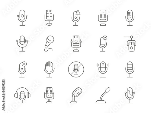 Podcast microphone. Line mic icons. Journalists radio mike. Audio vocal studio record. Retro speech or music broadcast. Interface elements. Live streaming. Vector outline symbols set