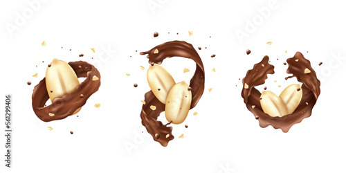 Realistic chocolate splash with peanuts. 3D sweet nuts. Milk swirl for package. Candy snack pack elements. Cream tornado. Cocoa splatters. Nutty desserts set. Vector isolated illustration