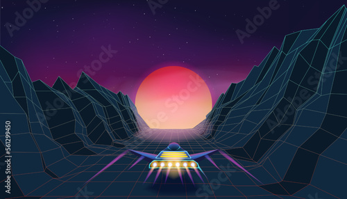 Retro space ship, arcade game background. Neon waves and spaceship for synthwave party, 3d 90s style mountains landscape. Bright sun and dark sky vintage poster, vector futuristic illustration
