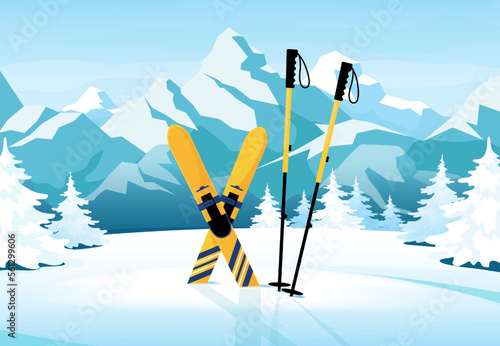 Christmas mountain skiing. Winter sport. Forest landscape. Banner for resort. Ski and sticks in snowdrift. Scenic panorama. Snowy peaks. Downhill slope. Vector illustration background