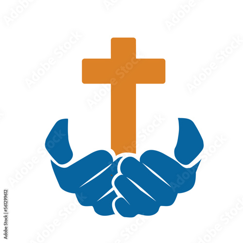 Glowing cross with hands symbol. Church logo vector
