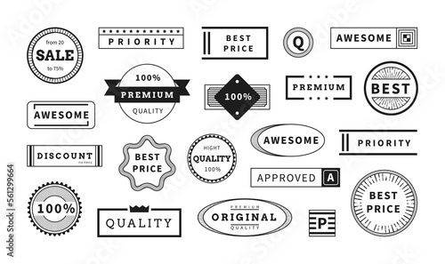 Retro ribbon stamp. Seal label. Quality tag. Guarantee emblem. Premium sign. Paint imprint. Certificate insignia symbol. Price discount mark. Black ink stickers set. Vector icon collection