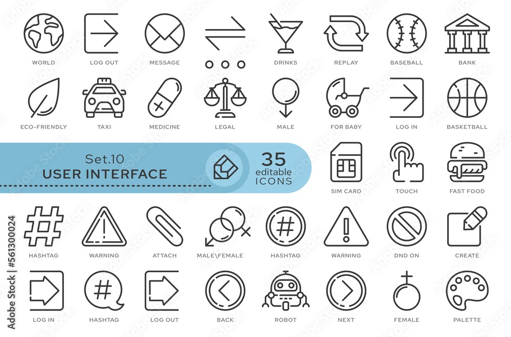 Set of conceptual icons. Vector icons in flat linear style for web sites, applications and other graphic resources. Set from the series - User Interface. Editable outline icon