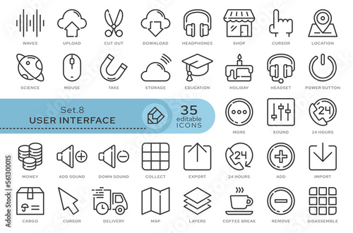 Set of conceptual icons. Vector icons in flat linear style for web sites, applications and other graphic resources. Set from the series - User Interface. Editable outline icon. 