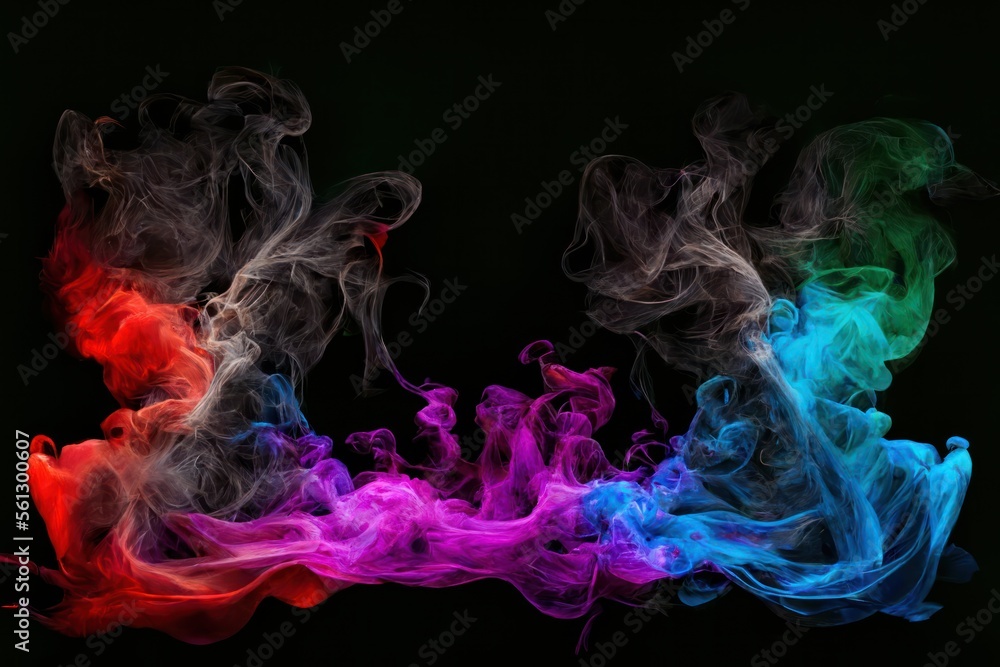 Intense smoke and fog whisps in contrasting vivid red, green, purple and blue colors. Vivid abstract background