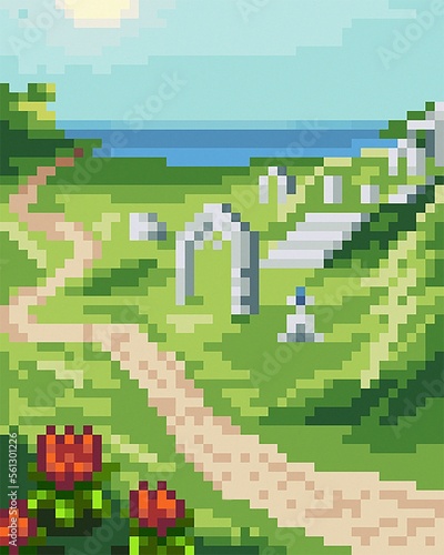 Pixel art background view landscape green fields with sea at the horizon Oblivion Ayelid ruins  © Karolina