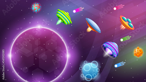 Abstract Aliens On Flying Saucers In Dark Space Planet Background Gradient Unidentified Flying Object Ufo Stars Vector Design Style