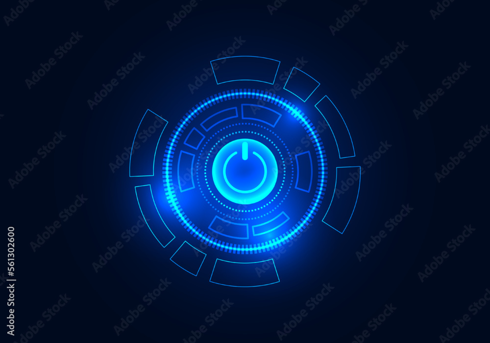 Background power button technology, the light emits from the button itself. There is a blue technology wheel surrounding it. the dark blue background adds more interest Background power button technology, the light emits from the button itself. There is a blue technology wheel surrounding it. the dark blue background adds more interest