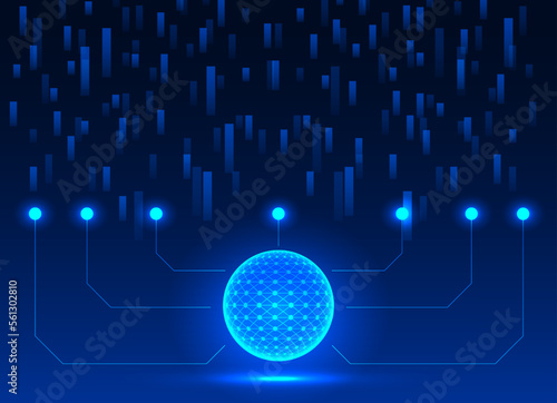Technology data collection and export with a circle centered on the processor Increase success in business faster and easier. dark blue background