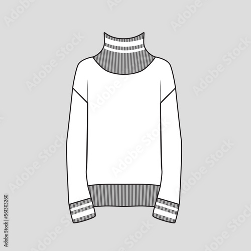Tipping Ribbed High Neck Sweatshirt Drop Shoulder Rib Long Sleeve Autumn Winter clothing fashion flat sketch technical drawing template design vector