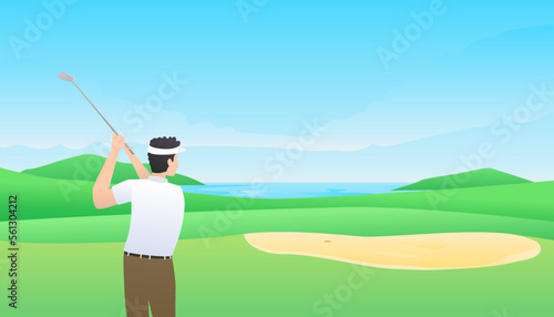 Vector illustration of golfer in action with green field background. Sport concept