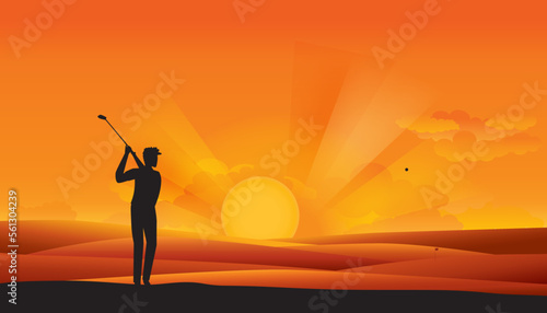 Vector illustration of golfer in action with sunrise or sunset background. Sport concept