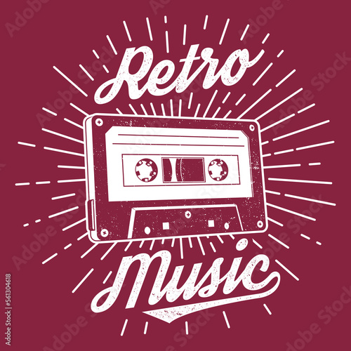 Retro music poster  banner. Retro Audio cassette tape with sunburst vintage typography design for t shirt  emblem  logo  badge design. Vector illustration