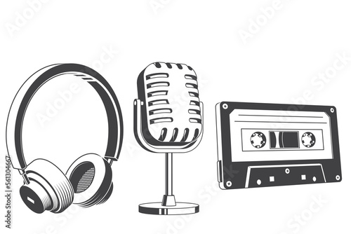 Retro music equipment Icons. Set include classical audio cassette tape, headphones, microphone. For t shirt, emblem, logo, badge design. Vector illustration. Equipment for listening and recording