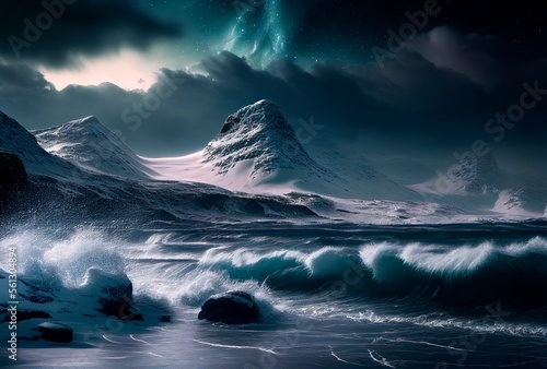 Storm on the ocean, northen light. Beautiful landscape of Islandia, Norway © Sirius1717