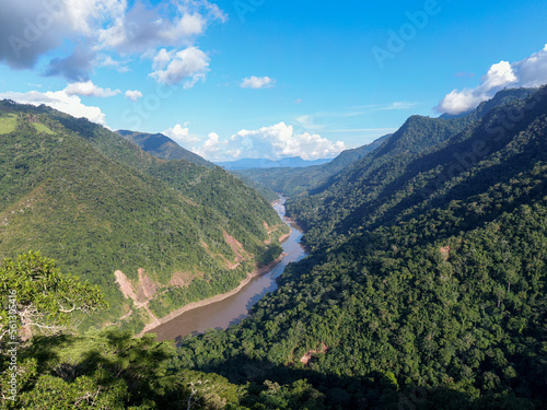 Tarapoto in the amazon region of Peru showing rainforest and waterway Aerial Panorama 