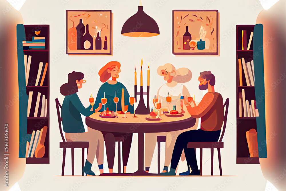 People sit at tables decorated with candles, eat food, drink wine and talk to each other