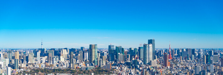 Acrylglasbilder Blau Iconic landscape of Tokyo, Japan. Blue sky and skyscrapers  © 拓也 神崎