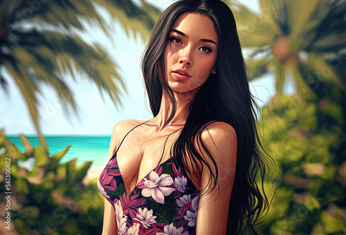 beautiful woman on tropical background created with Generative AI technology
