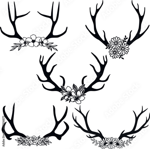Deer horn with flowers black silhouette set, Deer antlers, SVG Vector
