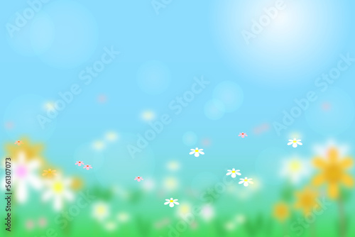 Vector illustration beautiful flowers with meadow and mountain background bokeh and flare sunlight