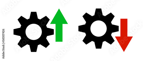 Increased and decreased productivity icon set. Arrows and gear icons. Vectors.